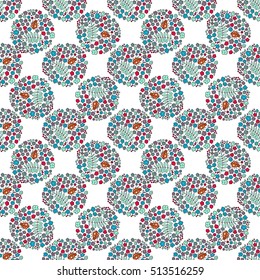 Multicolored elegant little flowers and funny bugs on a white background, vector texture, illustration. Floral seamless pattern.
