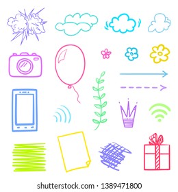 Multicolored elements isolated on white. Set of different things. Abstract signs. Sketchy symbols for work