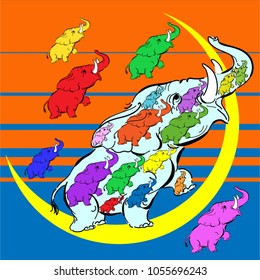 Multicolored elephants with raised trunks around a large elephant on a Crescent, consisting of small multicolored elephants. Background of orange stripes on a blue field