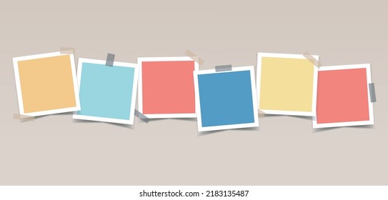 Multicolored empty photo cards with  adhesive tape in a row. Vector realistic mockup for design, presentations, photos. Six square photo frames with white border. Blank Template. EPS10.