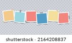 Multicolored empty photo frames with  adhesive tape in a row. Vector realistic mockup for design, presentations, photos. Six square photo cards with white border. Blank Template. EPS10.
