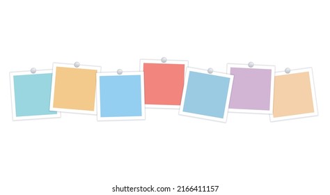 Multicolored empty photo frames on pins in a row. Vector realistic mockup. Colored posters or paper sheets for note, collage. Seven square photo cards with white border. Blank Template. EPS10.