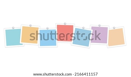 Multicolored empty photo frames on pins in a row. Vector realistic mockup. Colored posters or paper sheets for note, collage. Seven square photo cards with white border. Blank Template. EPS10.