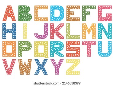 Multicolored English alphabet with different characters inside the letters. Hand Drawn. Freehand drawing. Doodle. Sketch.