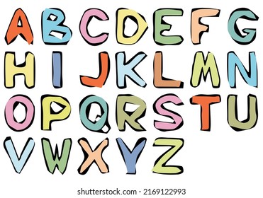 Multicolored English alphabet in doodle style with uneven contours. Stickers. It seems that the letters are carelessly cut out. Hand Drawn. Freehand drawing. Sketch.