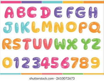 Multicolored English alphabet, uppercase letters. A creative childish font. Hand-drawn vector illustration isolated on white background. Trendy flat cartoon style.