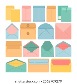 Multicolored Envelope Collection featuring various envelope designs in pastel tones. Perfect for stationery, mail icons, or packaging themes in creative and business projects.