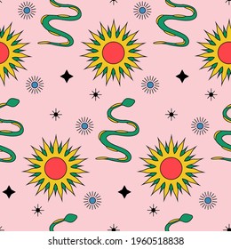 Multicolored esoteric seamless pattern vector art; sun, snakes and stars digital art.