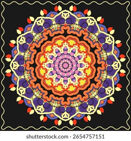 Ornamento étnico multicolorido para bandana, lenço, xadrez ou outro. Fundo preto. Ilustração vetorial
