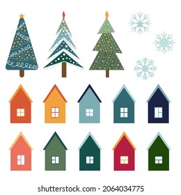 Multicolored European houses, Christmas trees and snowflakes. Set of flat vector illustrations for creating Christmas designs.