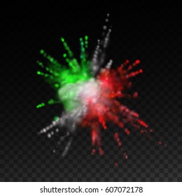 Multicolored explosive powder dye cloud. Vector abstract illustration of pigment explosion. Vibrant paint blast. Isolated element. Italy, Hungary, Mexico flags colors