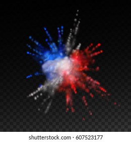 Multicolored explosive powder dye cloud. Vector abstract illustration of pigment explosion. Vibrant paint blast. Isolated element. United Kingdom, United States of America, Russia, France flags colors