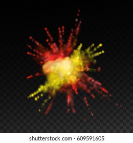 Multicolored explosive powder dye cloud. Vector abstract illustration of pigment explosion. Vibrant paint blast. Isolated element. Spain flag colors