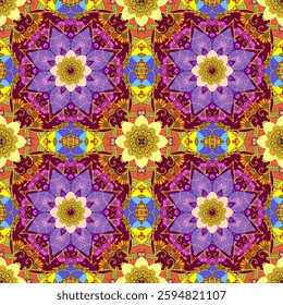 Multicolored exquisite ornament in ethnic style. Seamless pattern for fabric, wallpaper, carpets. Flowers and mandalas.