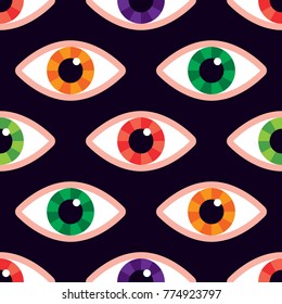 Multicolored eyes on a dark background. Seamless pattern.