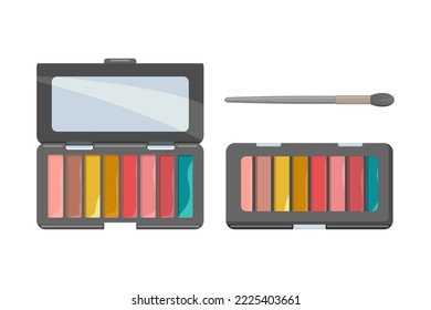 Multicolored eyeshadow palette and makeup brush. vector illustration