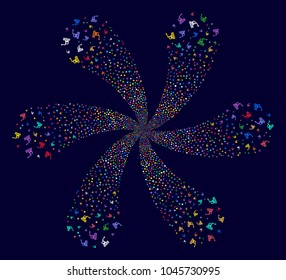 Multicolored Fabric Building twirl flower shape on a dark background. Impressive burst designed from scatter fabric building symbols.