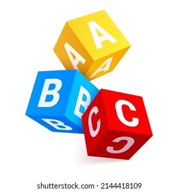 Multicolored falling alphabet cubes with letters A,B,C realistic vector illustration. Childish educative squared blocks elementary information game toy basic building and learning 3d mockup isolated