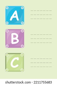 Multicolored falling alphabet cubes with letters A,B,C realistic vector illustration. Childish educative squared blocks elementary information game toy basic building and learning 3d mockup isolated. 