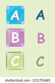Cubos de alfabeto en caída multicolor con letras A, B, C ilustraciones vectoriales realistas. El cuadrado educativo infantil bloquea el juego de información elemental juguete edificio básico y el aprendizaje de simulación en 3d aislado. 