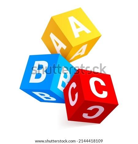Multicolored falling alphabet cubes with letters A,B,C realistic vector illustration. Childish educative squared blocks elementary information game toy basic building and learning 3d mockup isolated