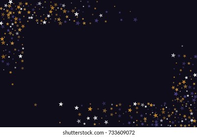 Multicolored falling confetti stars. Luxurious festive background. Blue, brown, orange abstract stars on a black background. Element of design. Vector illustration, EPS 10.