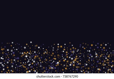 Multicolored falling confetti stars. Luxurious festive background. Blue, brown, orange abstract stars on a black background. Element of design. Vector illustration, EPS 10.