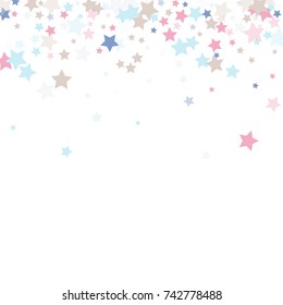 Multicolored falling stars of confetti. Luxurious background in calm tones.Rose, light blue, light brown, blue abstract stars on a white background. Element of design. Vector illustration, EPS 10.