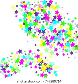 Multicolored falling stars of confetti. Luxurious bright festive background. Pink, green, blue, turquoise, purple abstract stars on a white background. Element of design. Vector illustration, EPS 10.