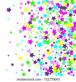 Multicolored falling stars of confetti. Luxurious bright festive background. Pink, green, blue, turquoise, purple abstract stars on a white background. Element of design. Vector illustration, EPS 10.