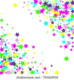 Multicolored falling stars of confetti. Luxurious bright festive background. Pink, green, blue, turquoise, purple abstract stars on a white background. Element of design. Vector illustration, EPS 10.