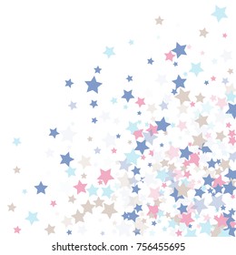 Multicolored falling stars of confetti. Luxurious background in calm tones.Rose, light blue, light brown, blue abstract stars on a white background. Element of design. Vector illustration, EPS 10.