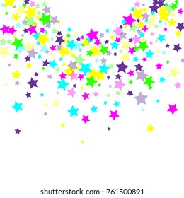 Multicolored falling stars of confetti. Luxurious bright festive background. Pink, green, blue, turquoise, purple abstract stars on a white background. Element of design. Vector illustration, EPS 10.