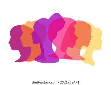 multicolored famale head silhouette. The concept of equality, international womens, activism, feminism, inclusive. Modern feminist vector illustration different womens portaint isolated.