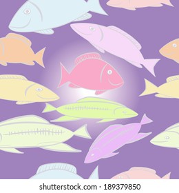Multicolored fantastic fish in the ocean depths on gradient background. Seamless pattern.