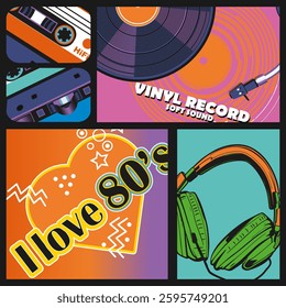 Multicolored fantasy collage with elements of 80s music culture. Vinyl record, headphones, audio cassette and more. Vector illustration