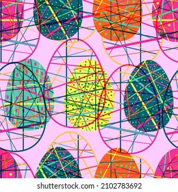 Multicolored fantasy Easter eggs. Colorful Easter background. Seamless vector pattern.