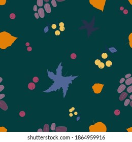 Multicolored fantasy seamless pattern. Bright leaves and berries on a dark emerald background.