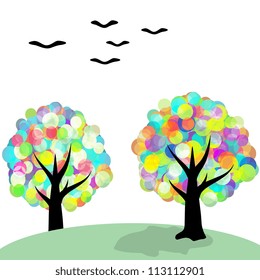 Multicolored fantasy trees and birds