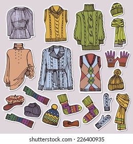 Multicolored Fashionable female knitted clothing and accessories set on Sketchy style.Autumn ,winter,spring woman wear on sticker or label. Autumn ,winter,spring woman fashion Vector.