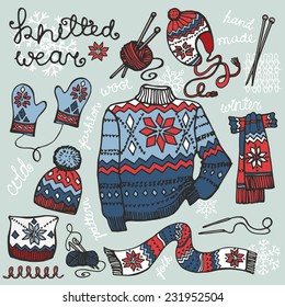 Multicolored Fashionable knitted  male clothing with folk ornament .New year,Christmas ornament in Sketchy doodles style.Autumn , male,baby  winter wear.Fashion illustrations.Vector.