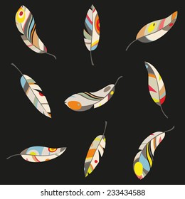 multicolored feathers with contour on a black background, vector illustration