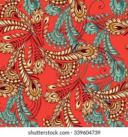 Multicolored feathers seamless pattern in oriental style. Decorative ornament backdrop for fabric, textile, wrapping paper.