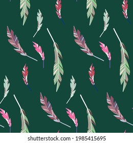 multicolored feathers seamless vector pattern green background