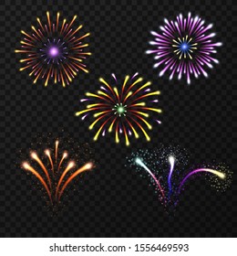 Multicolored feerver elements. Bright flashes. Set of glowing lights. Festive salute. Vector isolated objects for design.