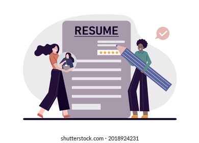 Multicolored female employeеs make resume to find job. Cartoon girls searching work. Draft document and summary. Recruitment business staff and cv resume concept. Hiring people. Vector illustration