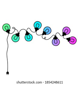 multicolored festive garland of light bulbs on a cord with a plug