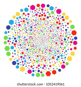 Multicolored Filled Hexagon sparkler sphere. Vector round cluster salute done from randomized filled hexagon items. Multicolored Vector abstraction.