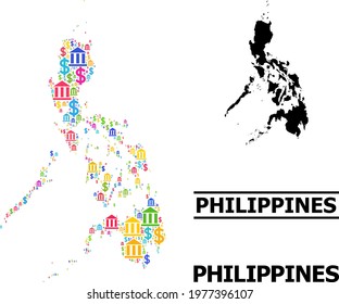 Multicolored finance and business mosaic and solid map of Philippines. Map of Philippines vector mosaic for business campaigns and applications.