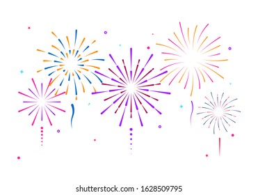 Multicolored firework isolated on background. Celebrating birthday or Christmas. Colorful fireworks for party, festival, feasts, multicolor skyfire, explosion stars. Vector illustration, EPS 10.